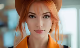 a redheaded woman with bright orange hair and a hat