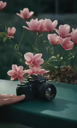 a camera with flowers behind it on top of a table
