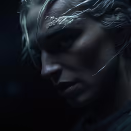 the evil face of a woman in white hair and feathers