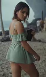 a girl in short shorts on a beach