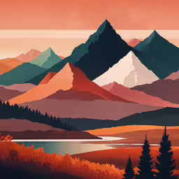 colorful mountains are in the background as the sun sets,this is an artwork piece in which the colors of the mountain range are seen