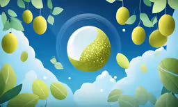 the sky is filled with leaves, a green apple hanging from it