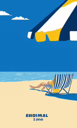an orange, blue, and white umbrella over the beach