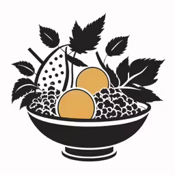 an illustration of fruit in a bowl with leaves