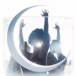 people in front of the sun and a moon behind them