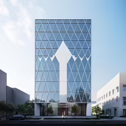 an angled perspective of a building with a large white arrow in the front