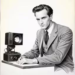 black and white photograph of a man sitting at a table with a camera
