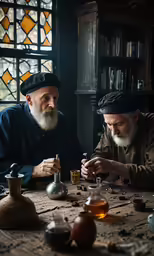 two people are looking at a small object