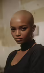 a woman with a bald head wearing a dress shirt