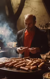 a man cooking several kinds of hot dogs on the grill