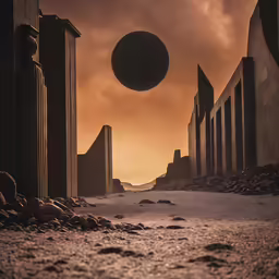 the scene features a group of large pillars, two with sculptures, and a sphere above them