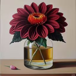there is a painting that looks like flowers in a vase,a close up picture of a large flower in a glass vase,a painting of a flower inside a glass vase,the painting shows a red flower in a glass container,a painting of a flower in a glass vase