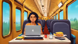 a computer sits on a desk with a laptop and dessert on it in front of two window on the train,a woman sitting at a table in front of a laptop