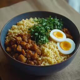 a meal consisting of rice, meat, and an egg in a bowl