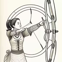 a woman is holding a bow and aiming,a drawing of a woman archer,an ink drawing of a woman aiming an arrow,an asian lady is aiming with her arrows,an asian woman holding a bow and arrow