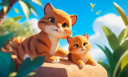 an animated cat and kitten sit on a rock in the garden