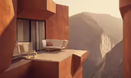 a balcony with a view of mountains through the open windows