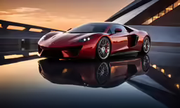 a red sport car with reflection in the water
