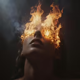 a woman is wearing a crown made of fire