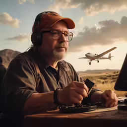 an image of man with headphones at computer looking at the monitor