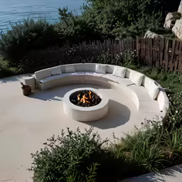 the circular fire pit is situated near the beach