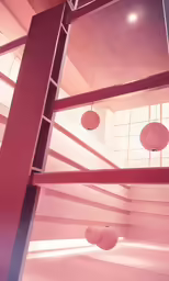 a room with shelves and lamps is shown