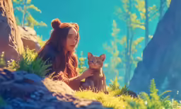 the princess and cat sit on the grass in the middle of the woods