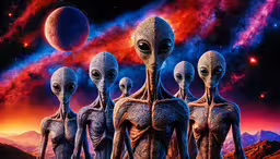 a group of alien people walking through the sky