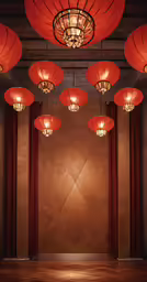 several red lanterns are hanging on pillars