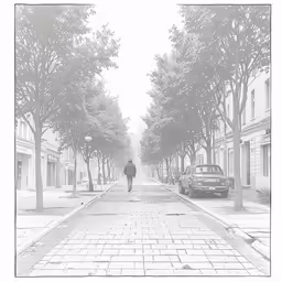 a man walking down the middle of a street in winter