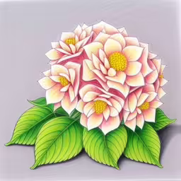 a drawing of a pink flower and green leaves on a grey background,a picture of three flowers on a purple surface