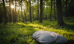 an empty bag laying on the ground in a grassy forest
