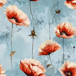 several pink flowers sitting near one another on a blue background
