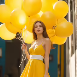 a beautiful woman in a yellow dress with yellow balloons
