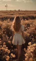 a woman walks through a field in the middle of the afternoon