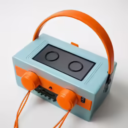 the electronic device has two speakers and is blue and orange