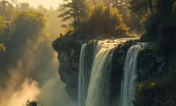 a long waterfall coming out of a cave into the woods