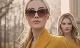 two beautiful blond woman in brown sunglasses walking together