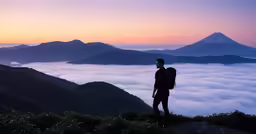 a man stands on top of a mountain at sunrise with a beautiful view