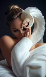 a beautiful woman is wrapped in a towel and she is wearing an angel wings