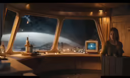woman looking out large window from ship