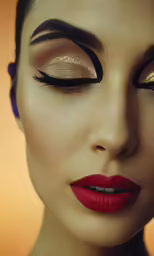 a girl with gold makeup and bright red lipstick