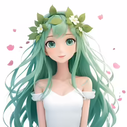 a doll with long green hair and white flowers in her hair