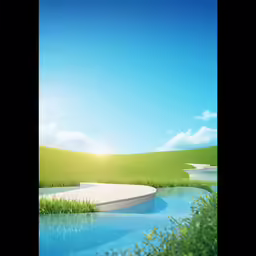 a field with some grass by a body of water