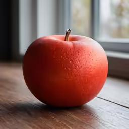 a red apple with water drops and a window behind it