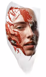 the face of a woman is made up of orange and white paint