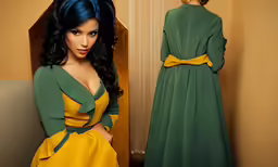 woman in green dress and yellow coat posing
