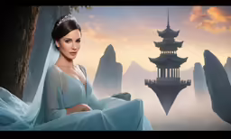 a woman wearing a blue dress is in front of a background with pagodas and a statue