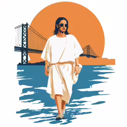 the painting depicts jesus walking along the water