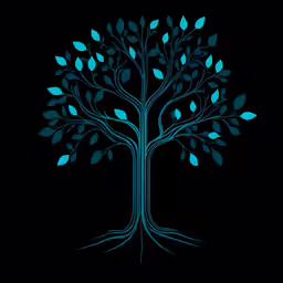 a dark background with blue tree leaves